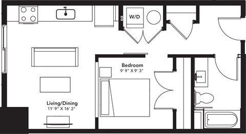 Floor plan for studio, 1 bath, 561 sqft